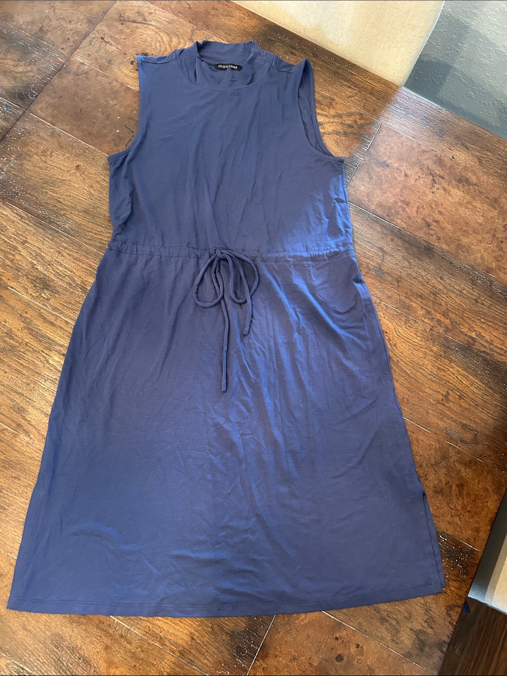 Eileen Fisher NWT Blue Jersey Mock Neck Sleeveless Dress Drawstring Petite Small